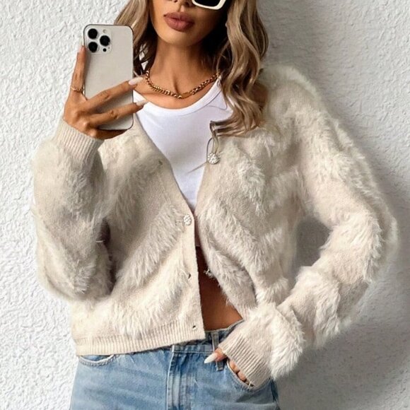 Khaki Women's French Luxury textured button down Slouchy Cardigan - Picture 4 of 6